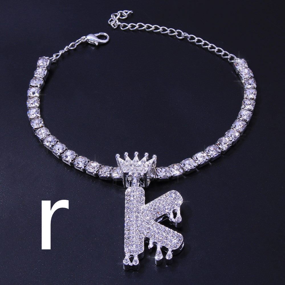 Luxury Hip Hop Pendant Rhinestone Anklet Drop Crown 26 Letter Anklet