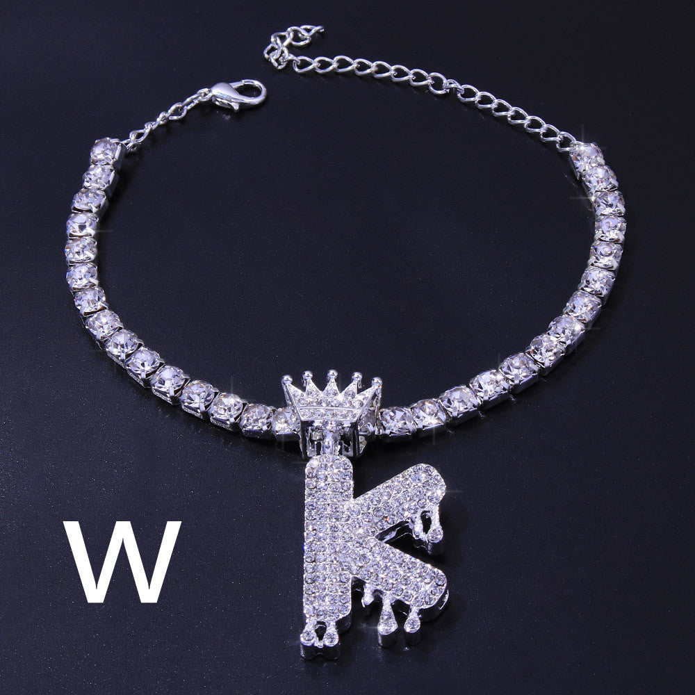 Luxury Hip Hop Pendant Rhinestone Anklet Drop Crown 26 Letter Anklet
