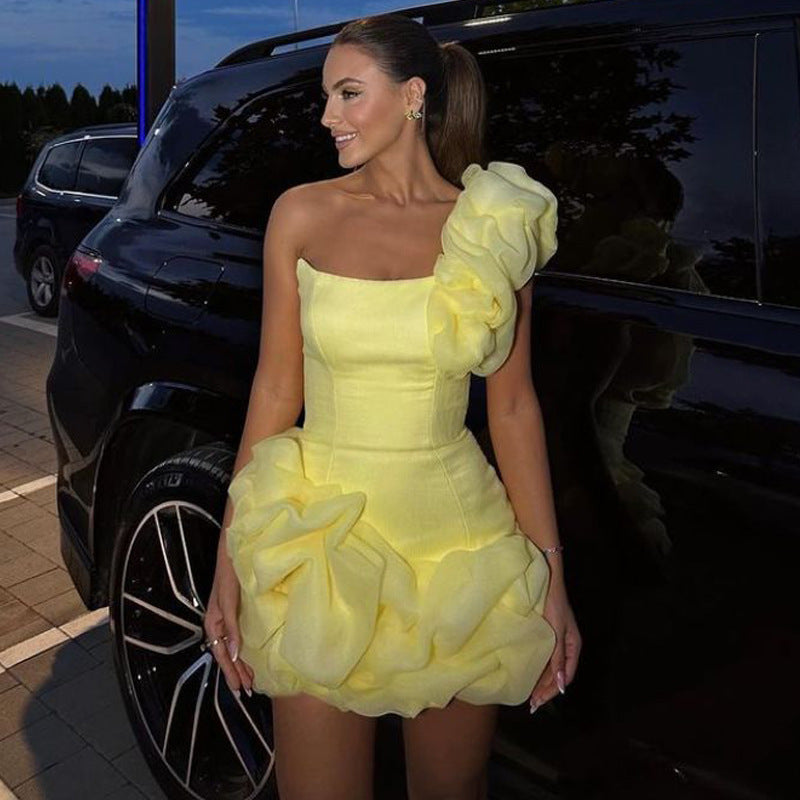 High-end And Fashionable Solid Color Pleated Zou Ruffled Party Dress