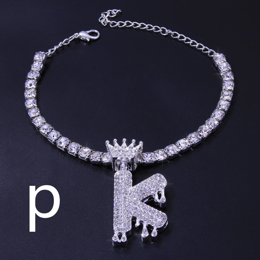 Luxury Hip Hop Pendant Rhinestone Anklet Drop Crown 26 Letter Anklet