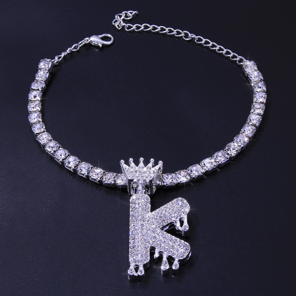 Luxury Hip Hop Pendant Rhinestone Anklet Drop Crown 26 Letter Anklet
