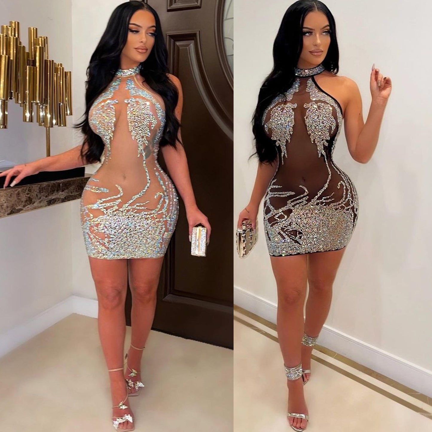 Women's Tight-fitting Mesh Hot-drilled See-through Nightclub Dress