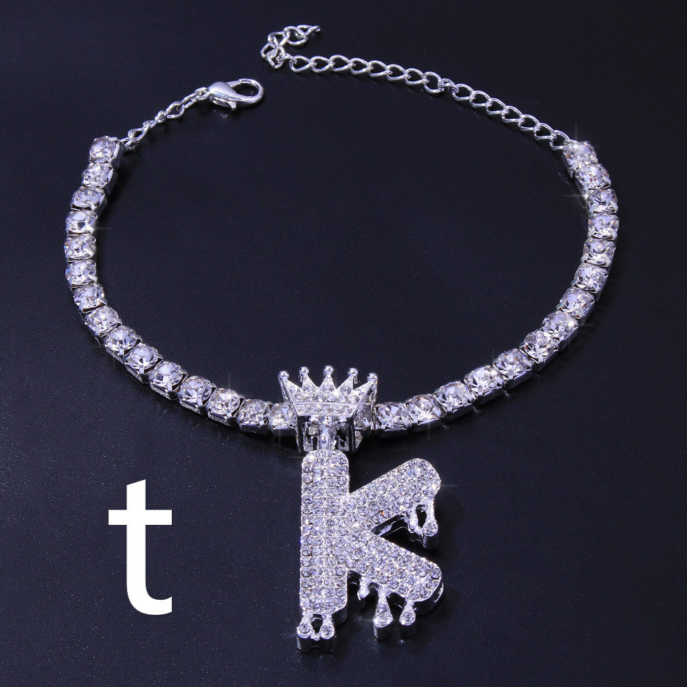 Luxury Hip Hop Pendant Rhinestone Anklet Drop Crown 26 Letter Anklet
