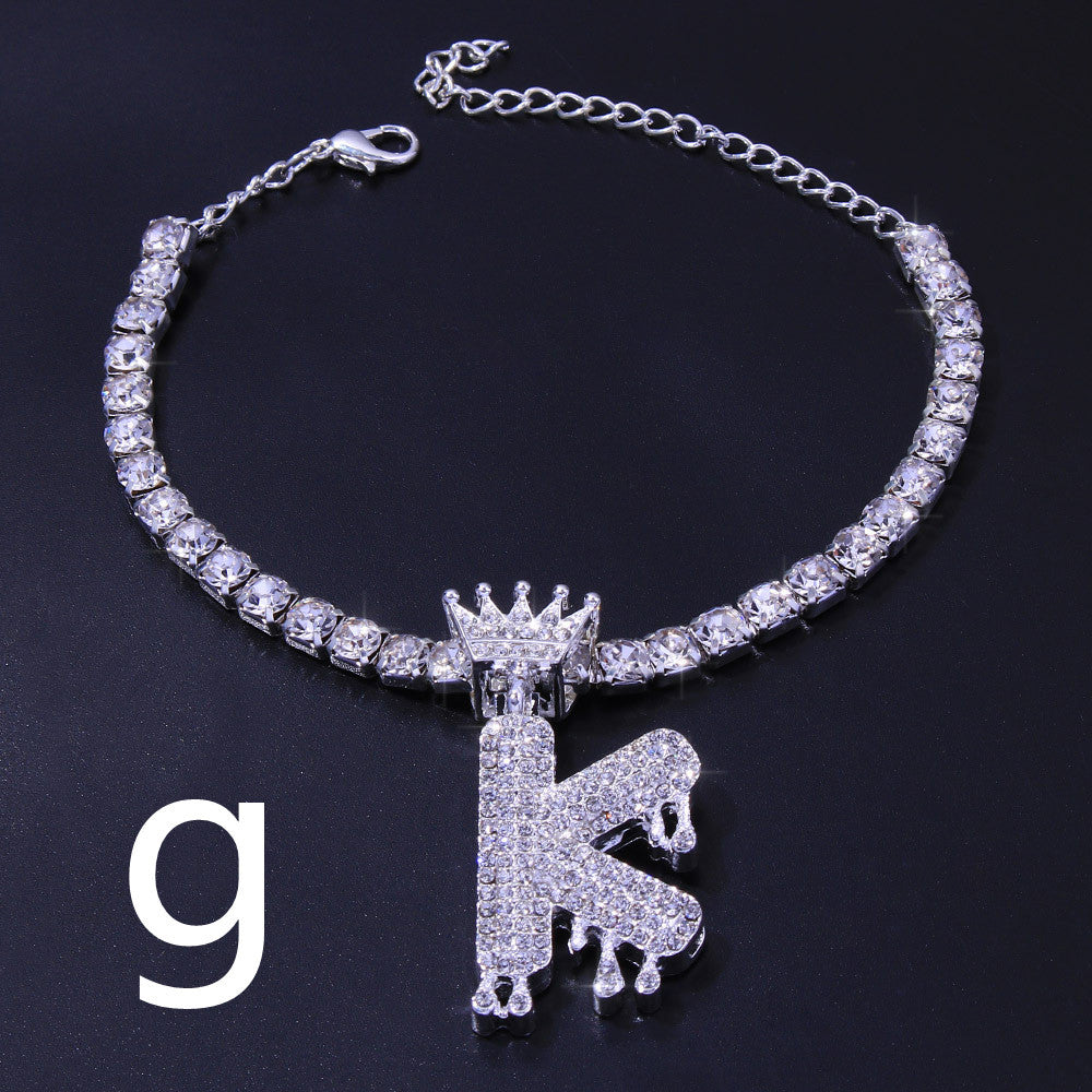 Luxury Hip Hop Pendant Rhinestone Anklet Drop Crown 26 Letter Anklet