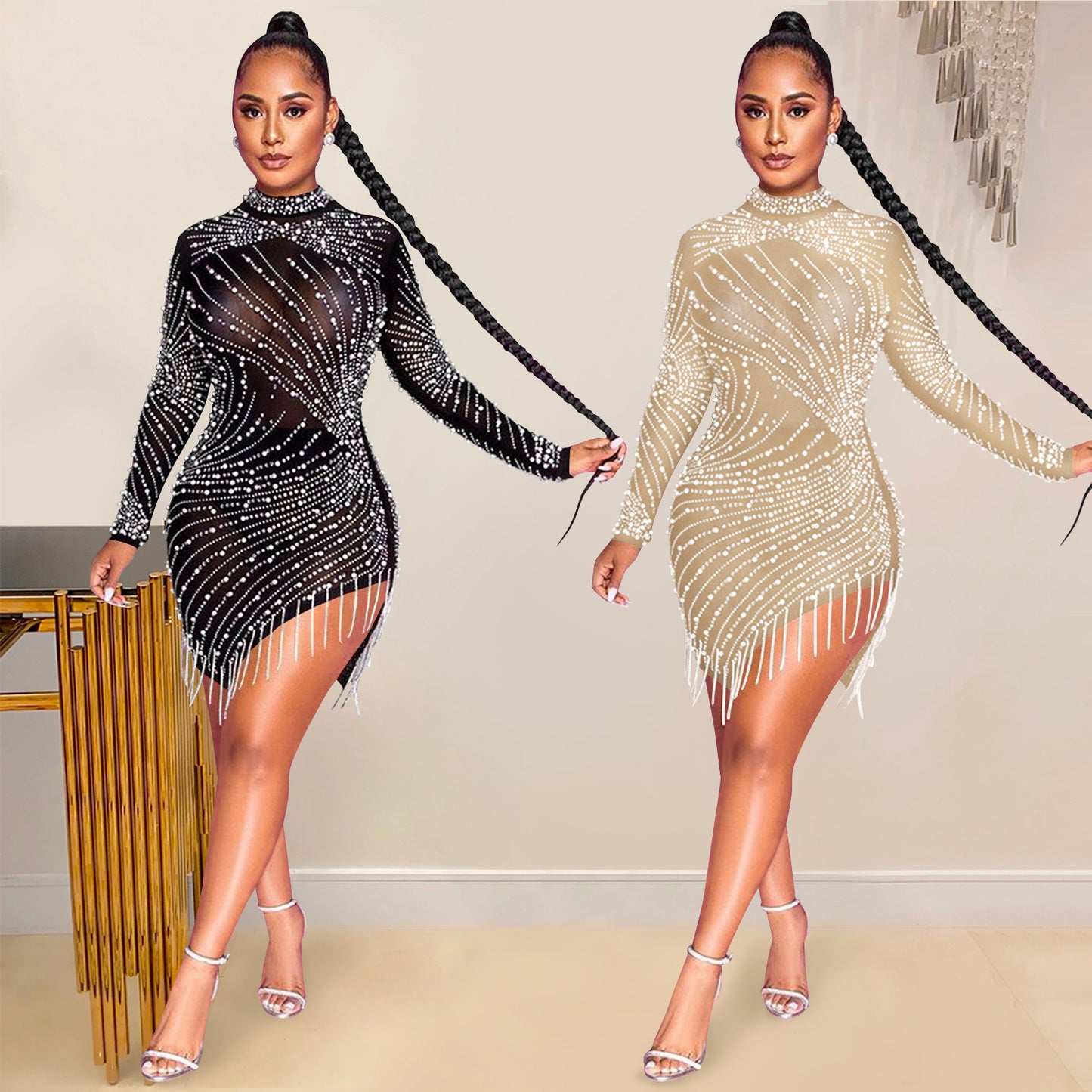 Sexy Nightclub Hot Drilling Mesh See-through Fringed Dress Women