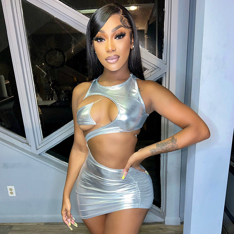 Hot Gold Sling Bag Buttock Short Skirt Strapless Dress