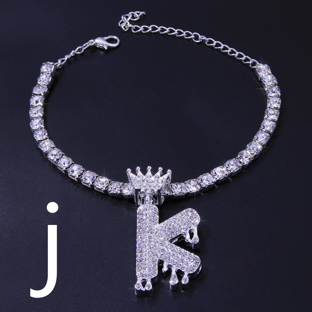 Luxury Hip Hop Pendant Rhinestone Anklet Drop Crown 26 Letter Anklet