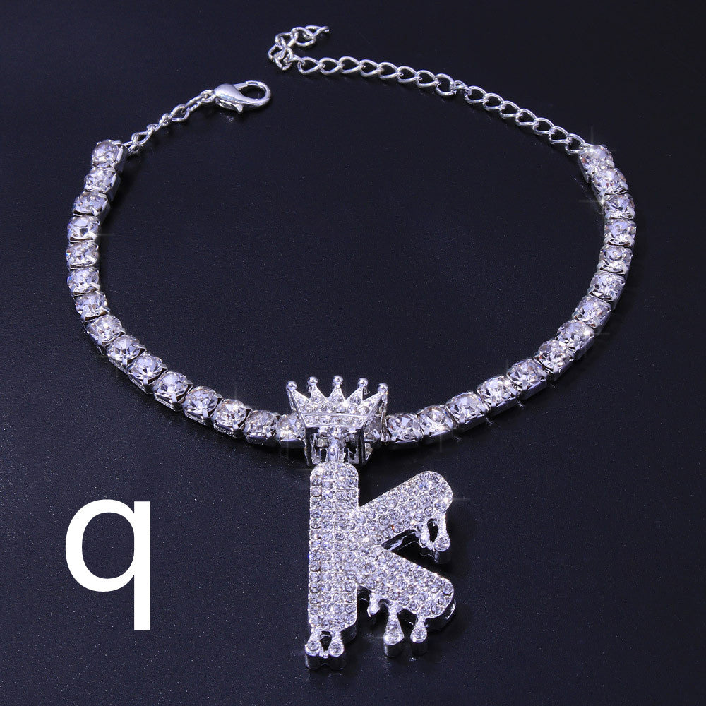 Luxury Hip Hop Pendant Rhinestone Anklet Drop Crown 26 Letter Anklet