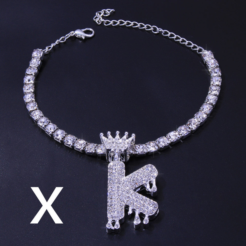 Luxury Hip Hop Pendant Rhinestone Anklet Drop Crown 26 Letter Anklet