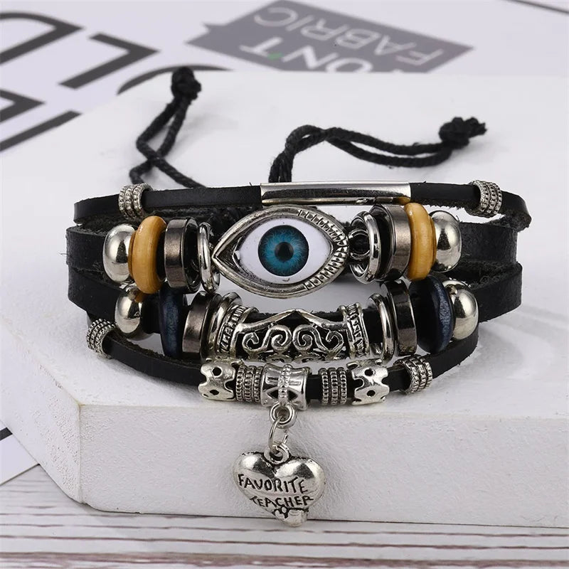 IFMIA Boho Adjustable Eyes Heart Multilayer Leather Bracelet Set for Women Male Charms Ethnic Bracelet Bangles Arm Jewelry New