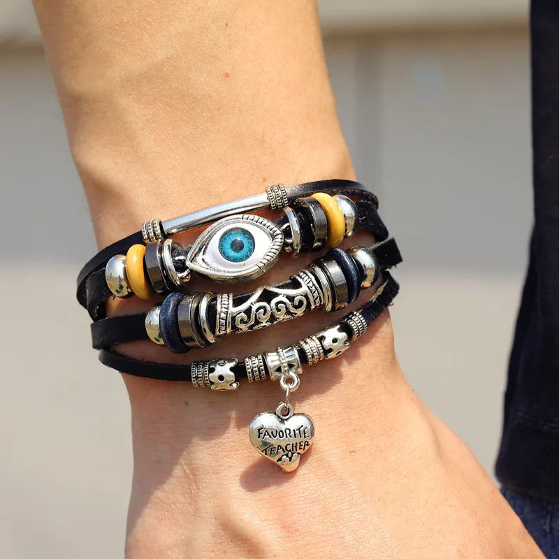 IFMIA Boho Adjustable Eyes Heart Multilayer Leather Bracelet Set for Women Male Charms Ethnic Bracelet Bangles Arm Jewelry New