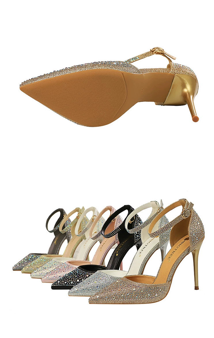 Pointed-Toe Hollowed Silver Buckle High Heels All-Match Rhinestone