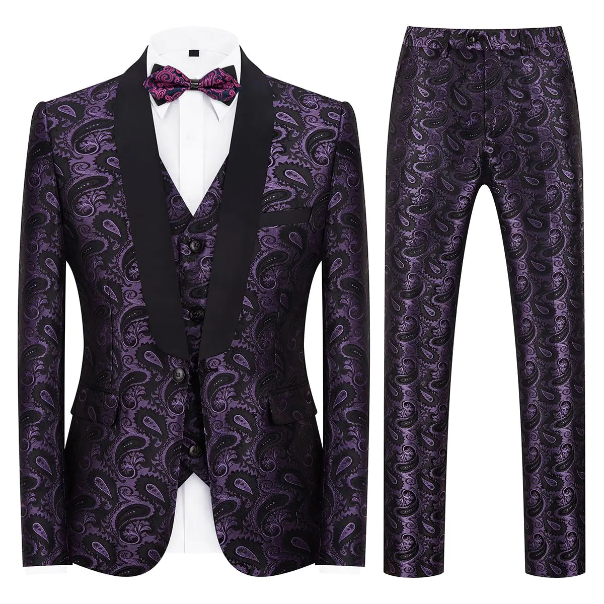 Mens Suits 3 Piece Slim Fit Tuxedo for Men Paisley Suit Prom Tux Shawl Lapel One Button Blazer Vest Pants Set Purple