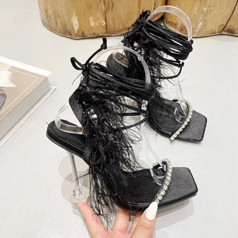 Womens Sandals Fashion Fuzzy Feather Summer Transparent High Heels Sexy Nightclub Stripper Shoes Purple Green