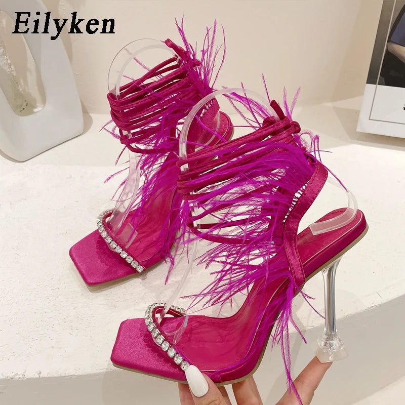 Womens Sandals Fashion Fuzzy Feather Summer Transparent High Heels Sexy Nightclub Stripper Shoes Purple Green