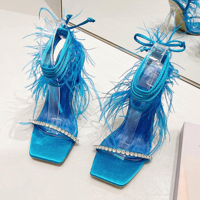 Sexy Rhinestone Feather Women Sandals Lace-up Summer Shoes Ankle Strap Gladiator Squared Toe Thin Heels Size 35-41