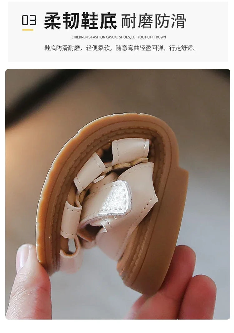 Summer Girls Flat Sandals Hollow Breathable Comfortable Upper Buckle Decoration Soft Bottom Non-slip Children's Shoes