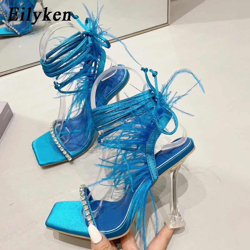 Womens Sandals Fashion Fuzzy Feather Summer Transparent High Heels Sexy Nightclub Stripper Shoes Purple Green