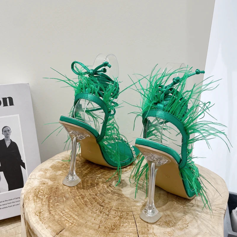Womens Sandals Fashion Fuzzy Feather Summer Transparent High Heels Sexy Nightclub Stripper Shoes Purple Green