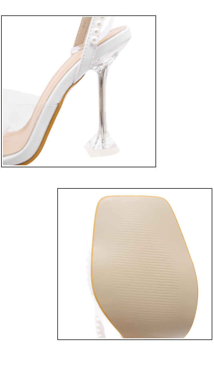 White String Bead High Heels Wedding Shoes Butterfly-Knot Narrow Band Thin Heels Square Toe Party Sandals