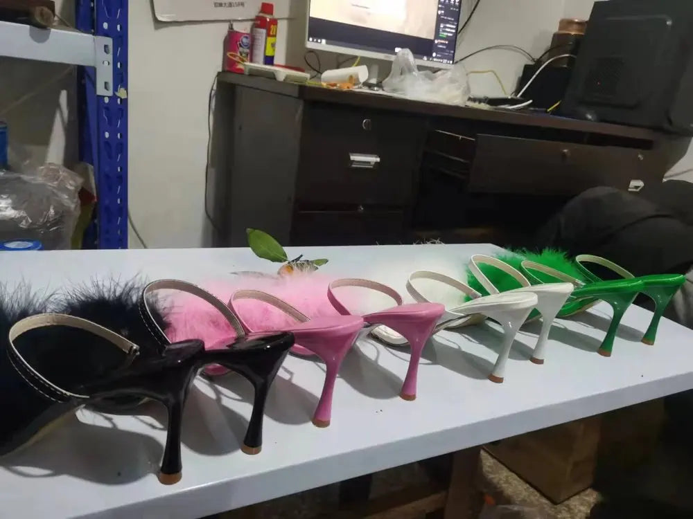 Toe Sexy High Heels Women Shoes Fur Feather Lady Fashion Wedding Slip-On Pink Square Toe Women Sandals
