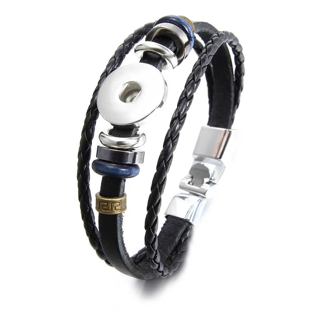 Snap Leather Bracelet for Men Punk Retro Handmade Glass Snap Buttons Charms Bracelets Women Jewelry Accessories Gifts