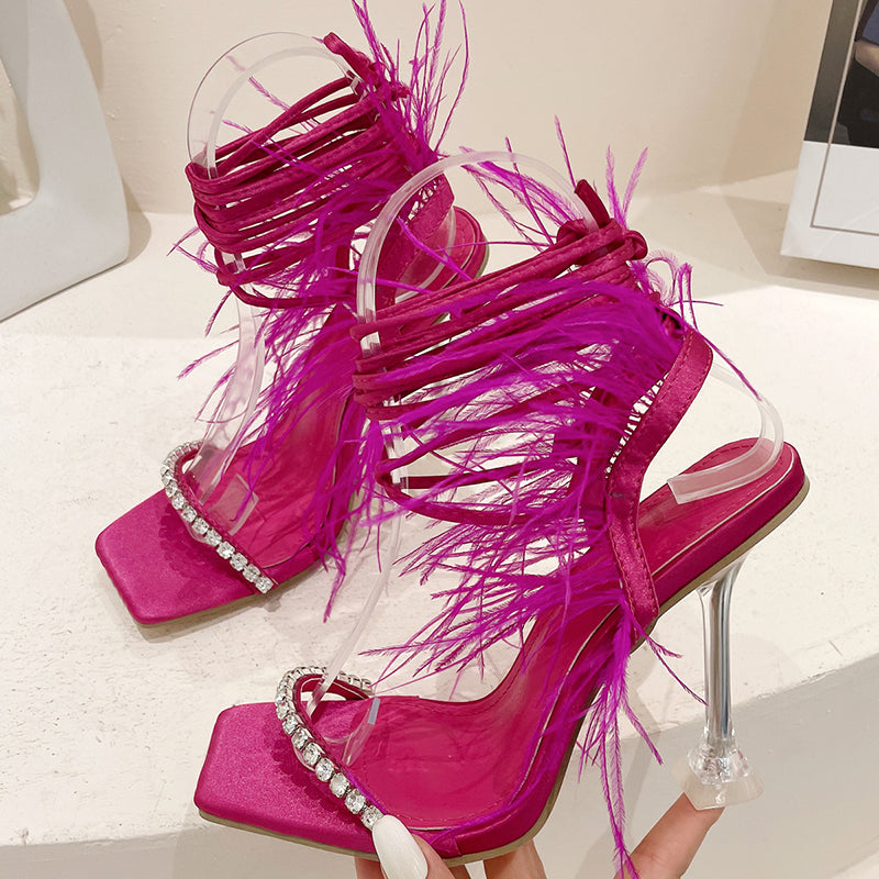 Sexy Rhinestone Feather Women Sandals Lace-up Summer Shoes Ankle Strap Gladiator Squared Toe Thin Heels Size 35-41