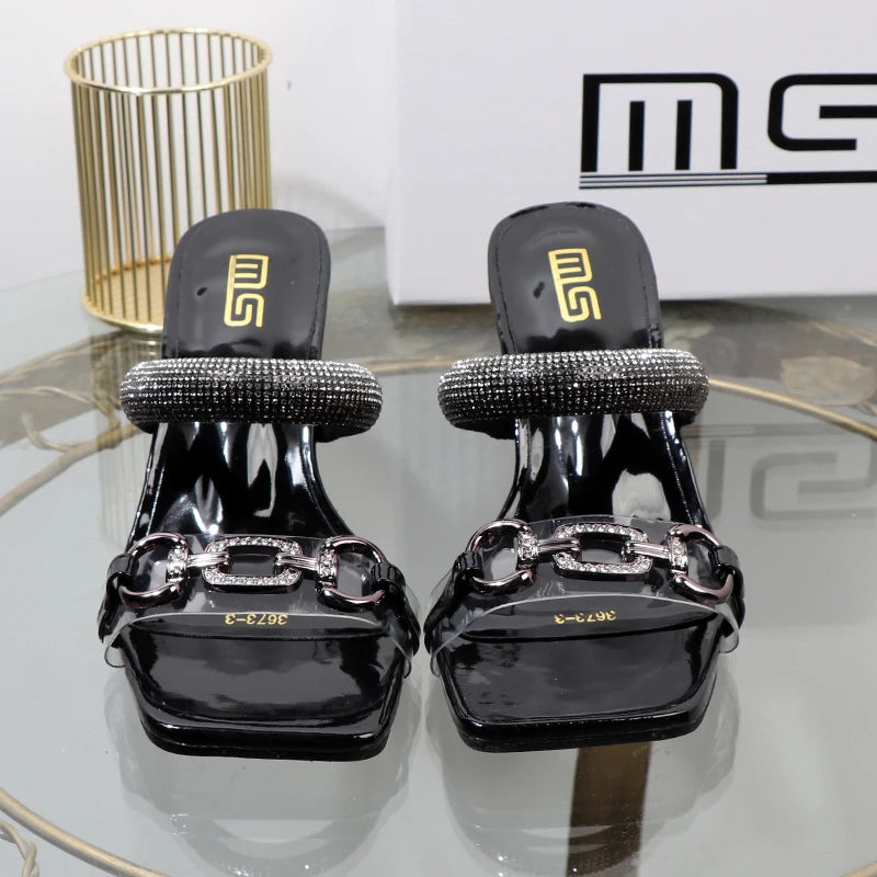 fashion Transparent belt metal decoration box shaped square Alien heel high heels wearing sandals