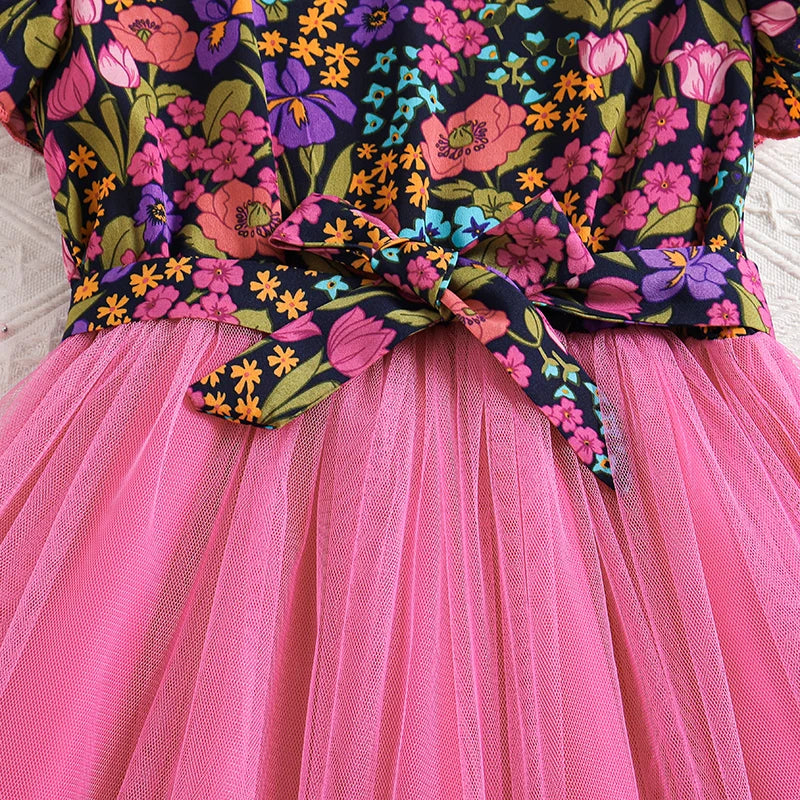 Summer Girl Dress Print Rose Petal sleeve Gauze Dress & Belt Casual Vacation Style Birthday Party Clothes For 8-12 Years Kids
