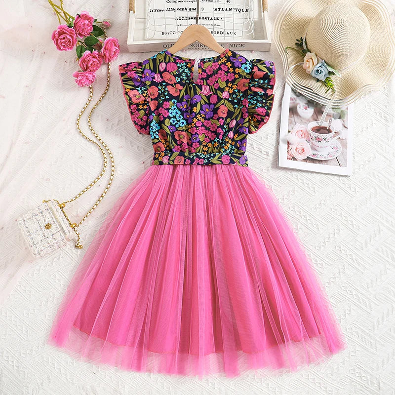 Summer Girl Dress Print Rose Petal sleeve Gauze Dress & Belt Casual Vacation Style Birthday Party Clothes For 8-12 Years Kids