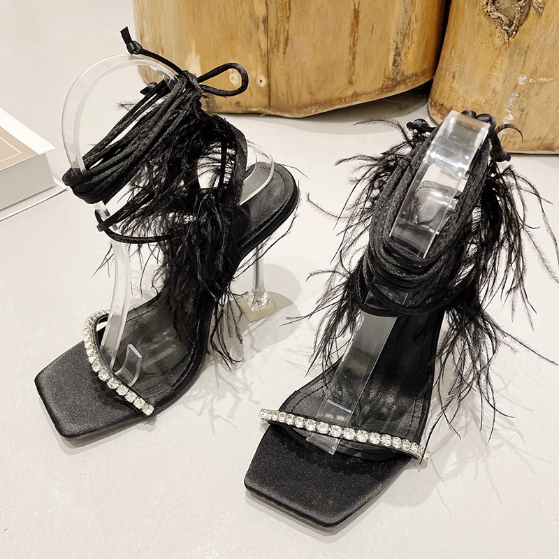 Sexy Rhinestone Feather Women Sandals Lace-up Summer Shoes Ankle Strap Gladiator Squared Toe Thin Heels Size 35-41