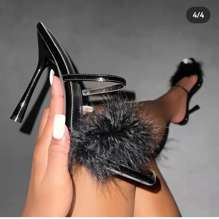 Toe Sexy High Heels Women Shoes Fur Feather Lady Fashion Wedding Slip-On Pink Square Toe Women Sandals