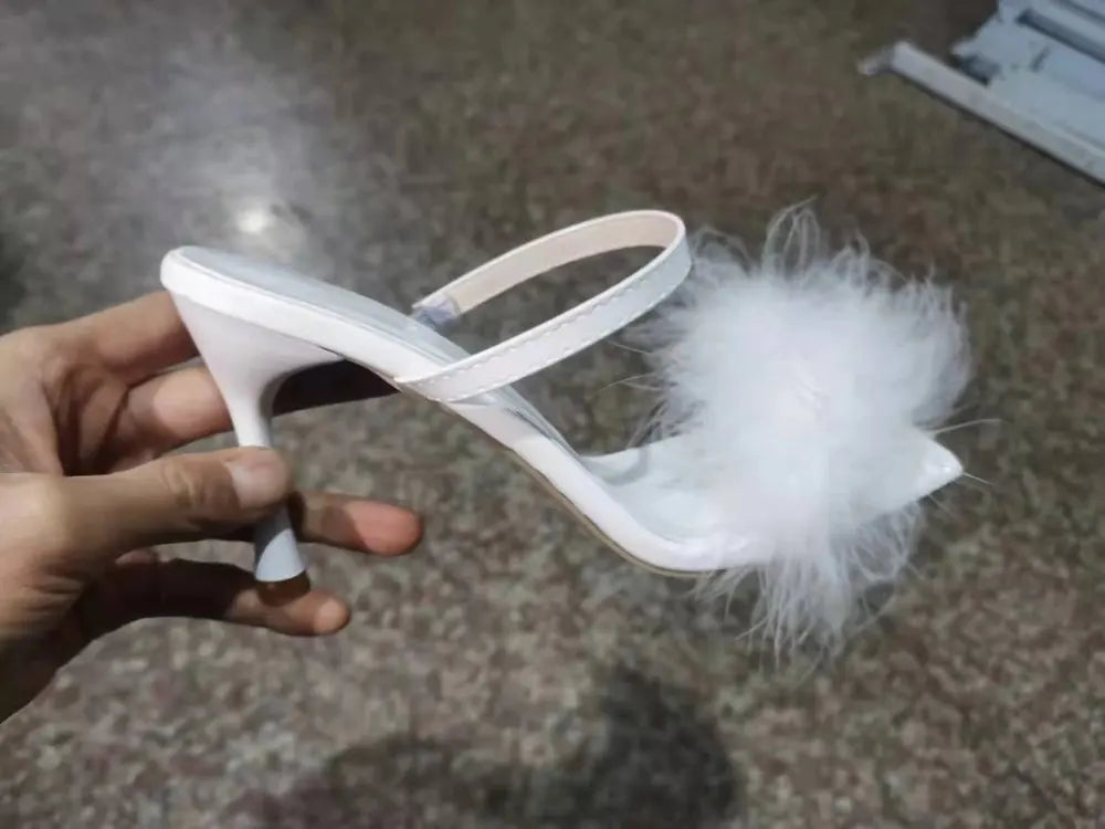 Toe Sexy High Heels Women Shoes Fur Feather Lady Fashion Wedding Slip-On Pink Square Toe Women Sandals