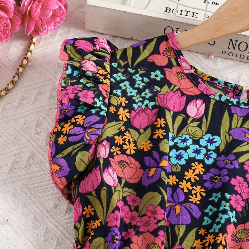 Summer Girl Dress Print Rose Petal sleeve Gauze Dress & Belt Casual Vacation Style Birthday Party Clothes For 8-12 Years Kids