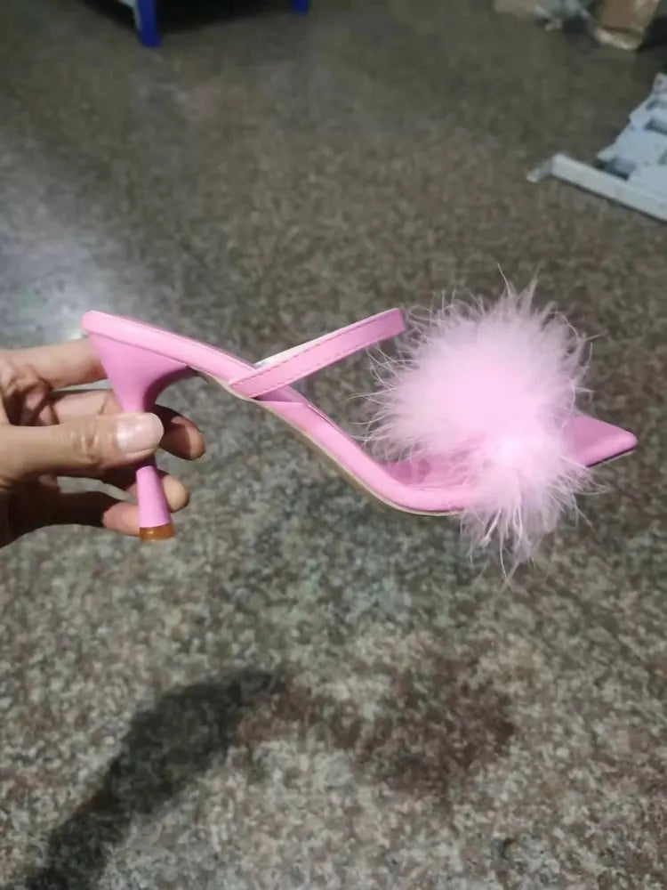 Toe Sexy High Heels Women Shoes Fur Feather Lady Fashion Wedding Slip-On Pink Square Toe Women Sandals