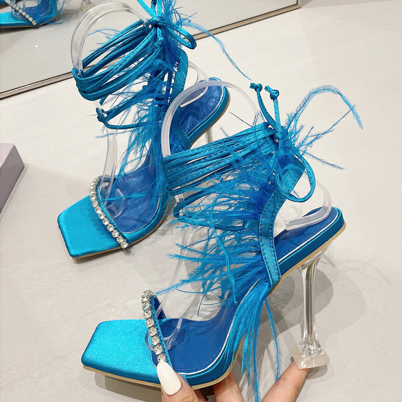 Sexy Rhinestone Feather Women Sandals Lace-up Summer Shoes Ankle Strap Gladiator Squared Toe Thin Heels Size 35-41