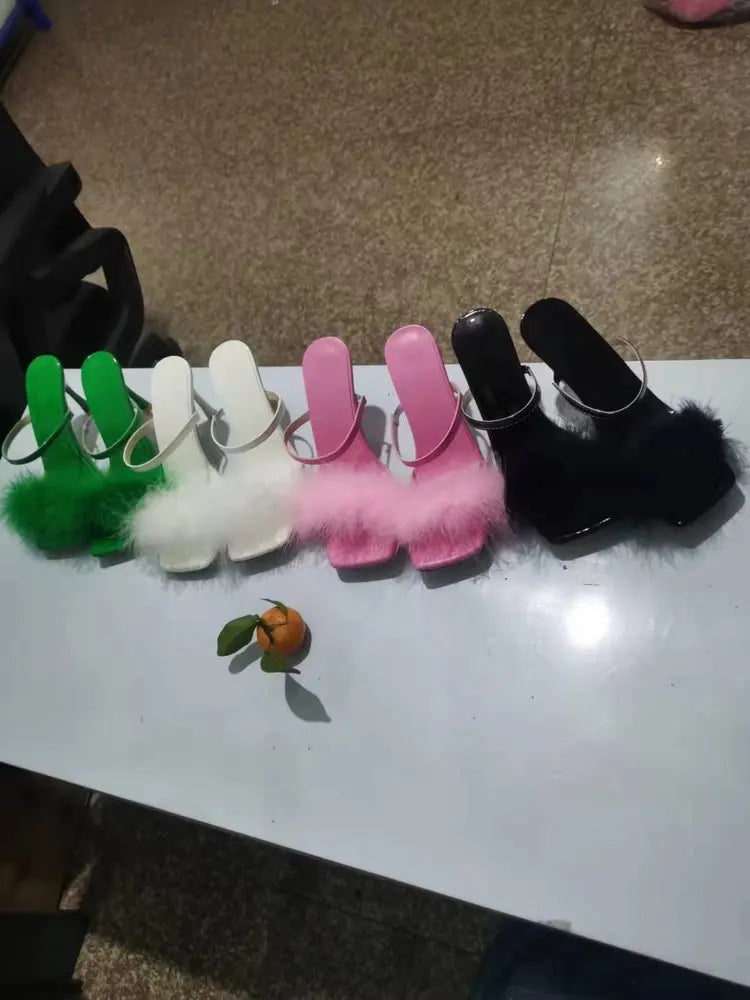 Toe Sexy High Heels Women Shoes Fur Feather Lady Fashion Wedding Slip-On Pink Square Toe Women Sandals