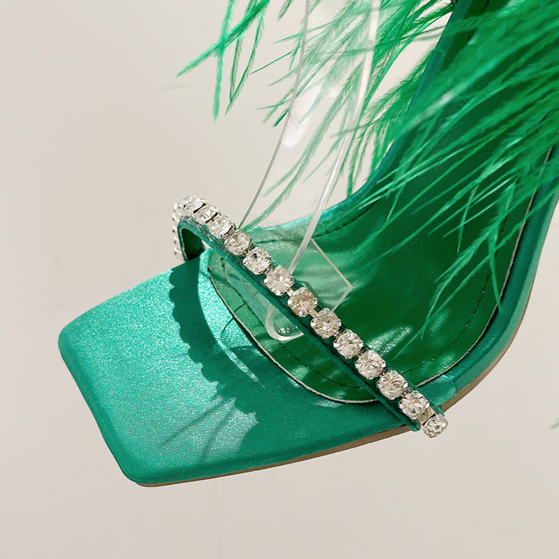 Sexy Rhinestone Feather Women Sandals Lace-up Summer Shoes Ankle Strap Gladiator Squared Toe Thin Heels Size 35-41