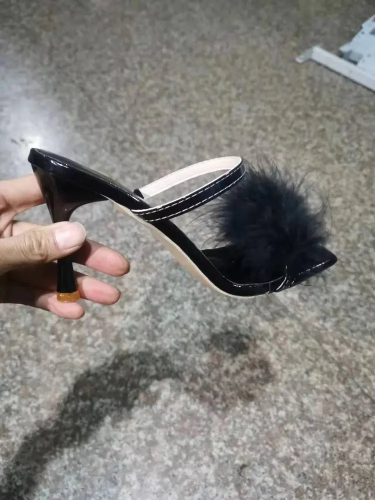 Toe Sexy High Heels Women Shoes Fur Feather Lady Fashion Wedding Slip-On Pink Square Toe Women Sandals