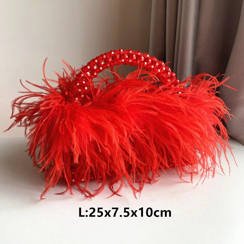 Pearl Bead Bag With Feather Fur Designer Brand Clear Acrylic Crystal Stone Box Tote Handbag Women Handmade Party Purse