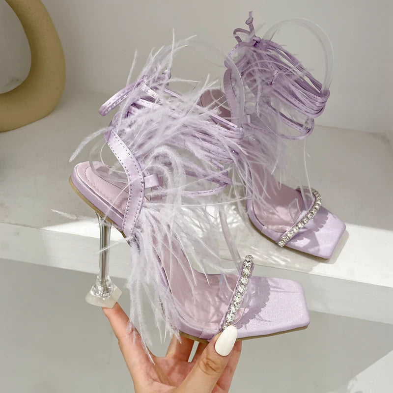 Womens Sandals Fashion Fuzzy Feather Summer Transparent High Heels Sexy Nightclub Stripper Shoes Purple Green