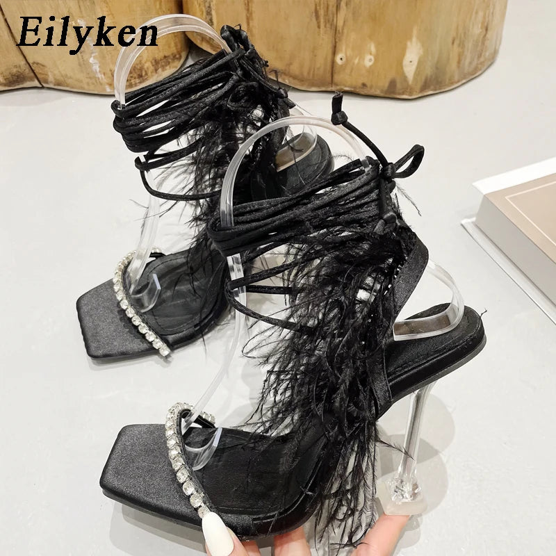 Womens Sandals Fashion Fuzzy Feather Summer Transparent High Heels Sexy Nightclub Stripper Shoes Purple Green