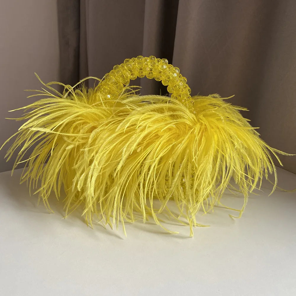 Pearl Bead Bag With Feather Fur Designer Brand Clear Acrylic Crystal Stone Box Tote Handbag Women Handmade Party Purse