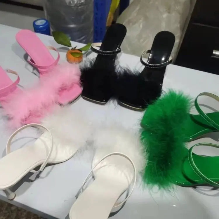 Toe Sexy High Heels Women Shoes Fur Feather Lady Fashion Wedding Slip-On Pink Square Toe Women Sandals