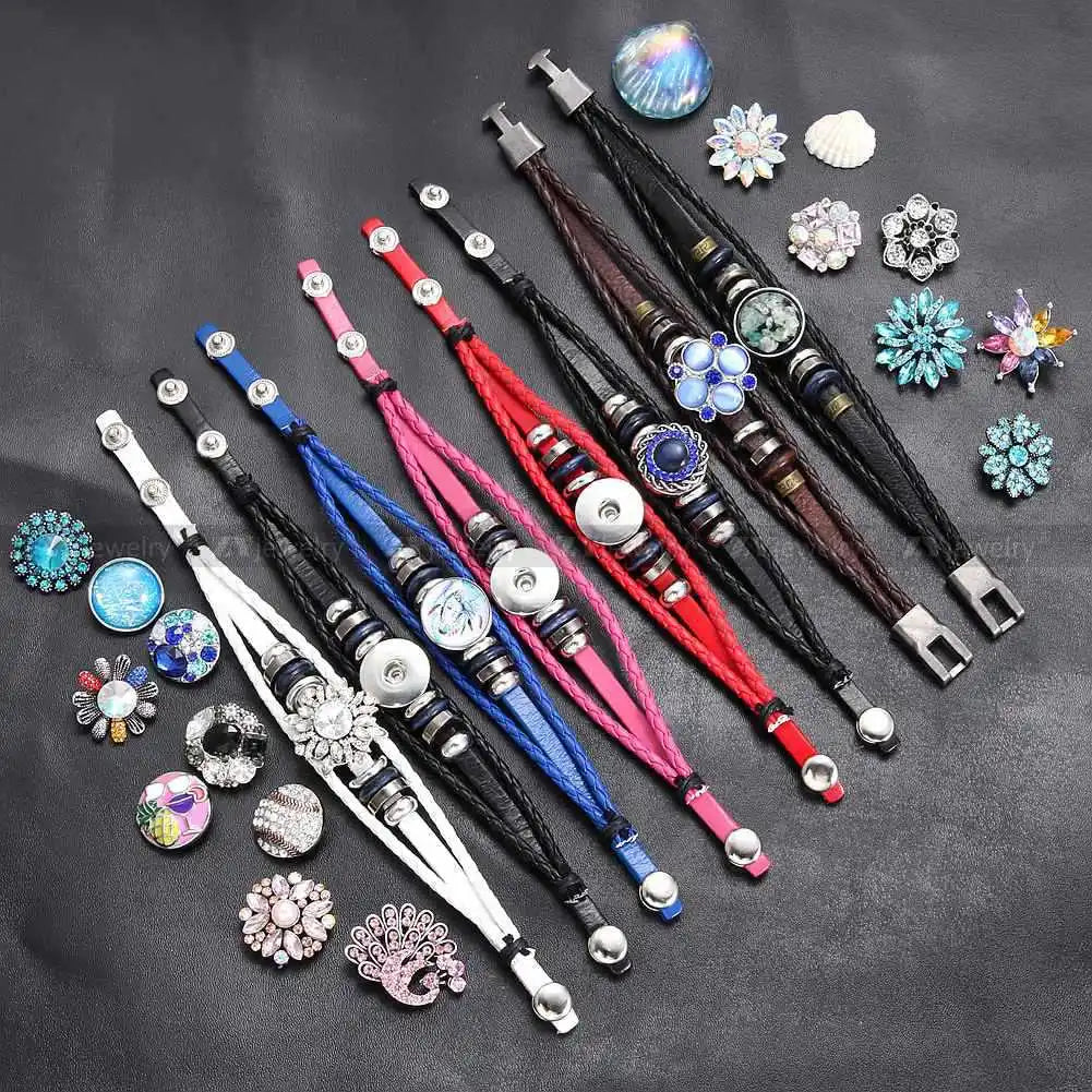 Snap Leather Bracelet for Men Punk Retro Handmade Glass Snap Buttons Charms Bracelets Women Jewelry Accessories Gifts