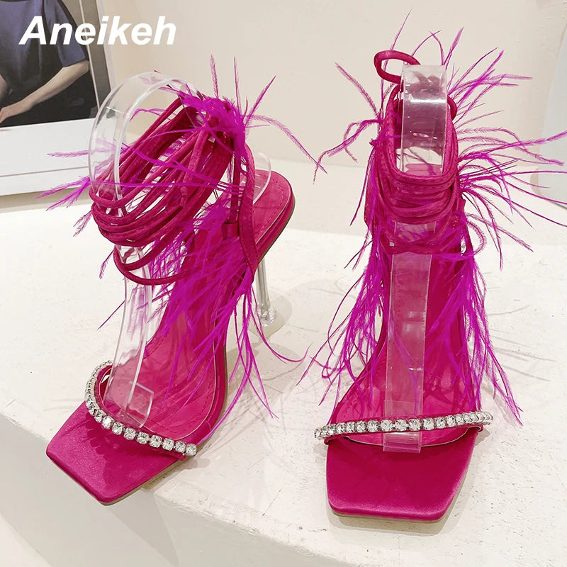 Sexy Rhinestone Feather Women Sandals Lace-up Summer Shoes Ankle Strap Gladiator Squared Toe Thin Heels Size 35-41