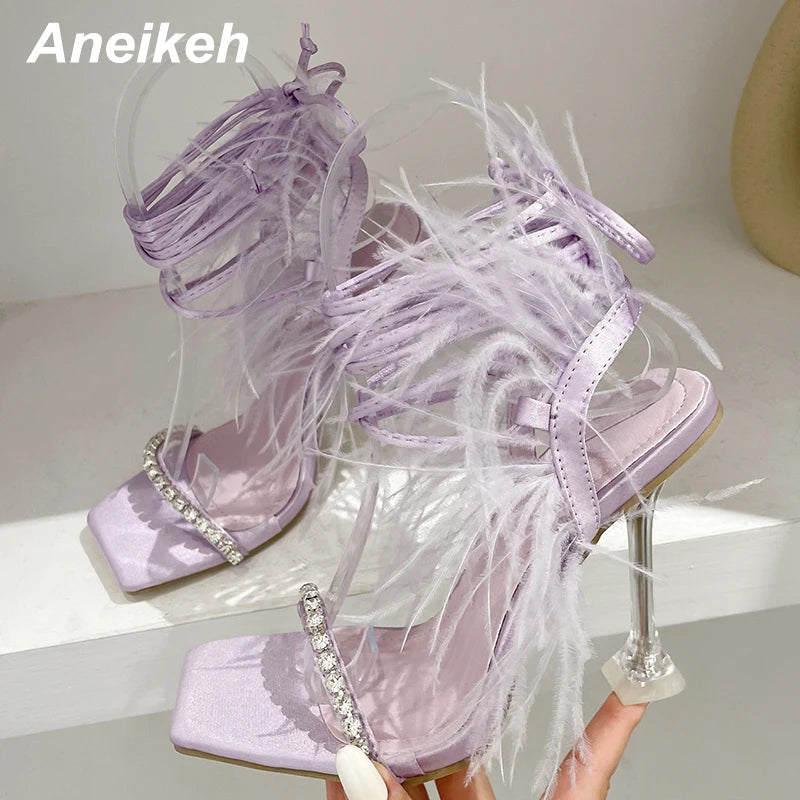 Sexy Rhinestone Feather Women Sandals Lace-up Summer Shoes Ankle Strap Gladiator Squared Toe Thin Heels Size 35-41