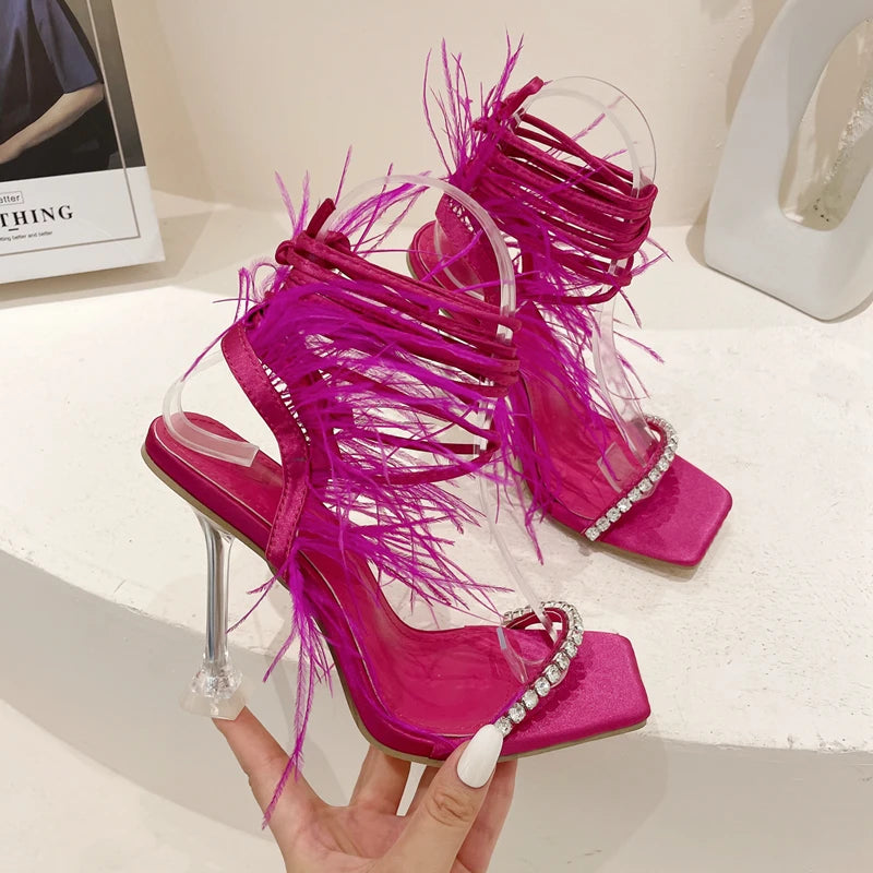 Womens Sandals Fashion Fuzzy Feather Summer Transparent High Heels Sexy Nightclub Stripper Shoes Purple Green
