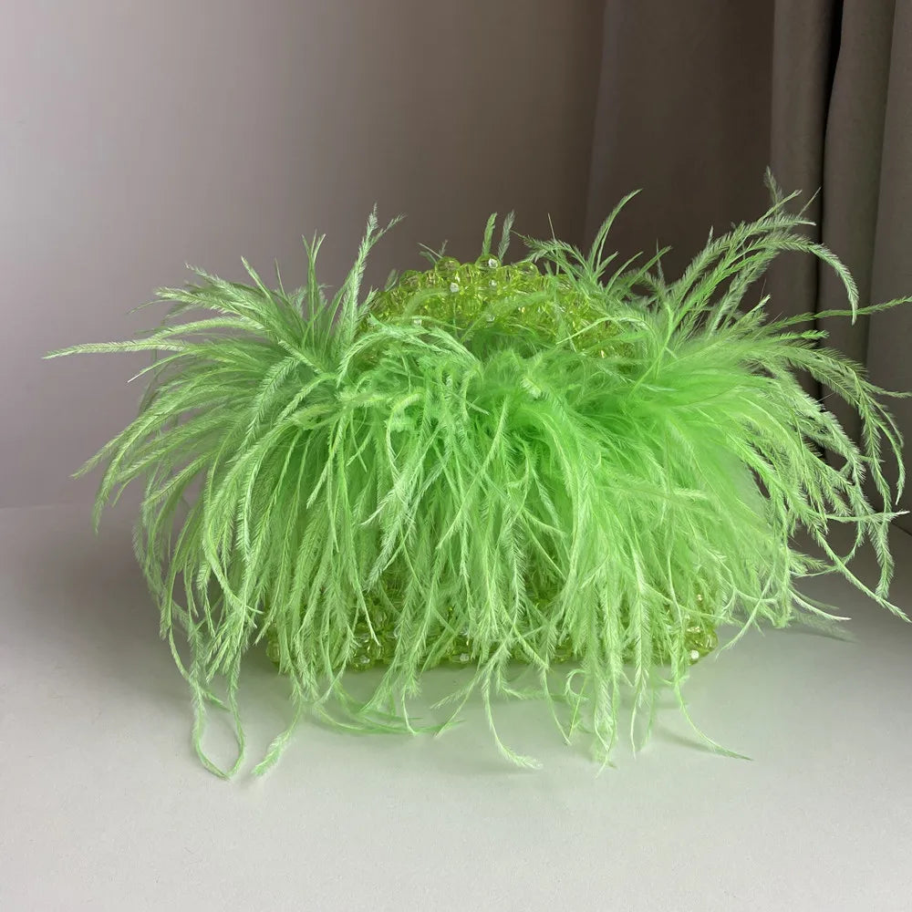 Pearl Bead Bag With Feather Fur Designer Brand Clear Acrylic Crystal Stone Box Tote Handbag Women Handmade Party Purse