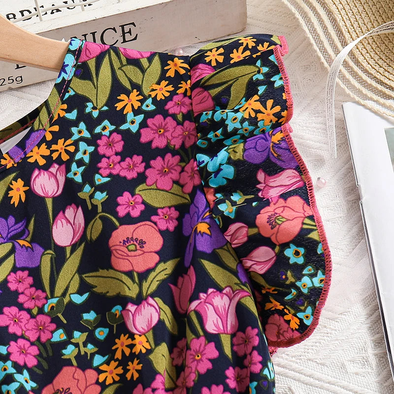 Summer Girl Dress Print Rose Petal sleeve Gauze Dress & Belt Casual Vacation Style Birthday Party Clothes For 8-12 Years Kids